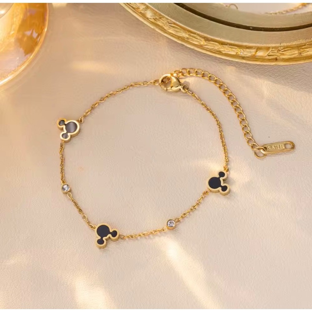 Disney Inspired Mouse Black Enamel Gold Stainless Steel Bracelet Cubic Zirconia